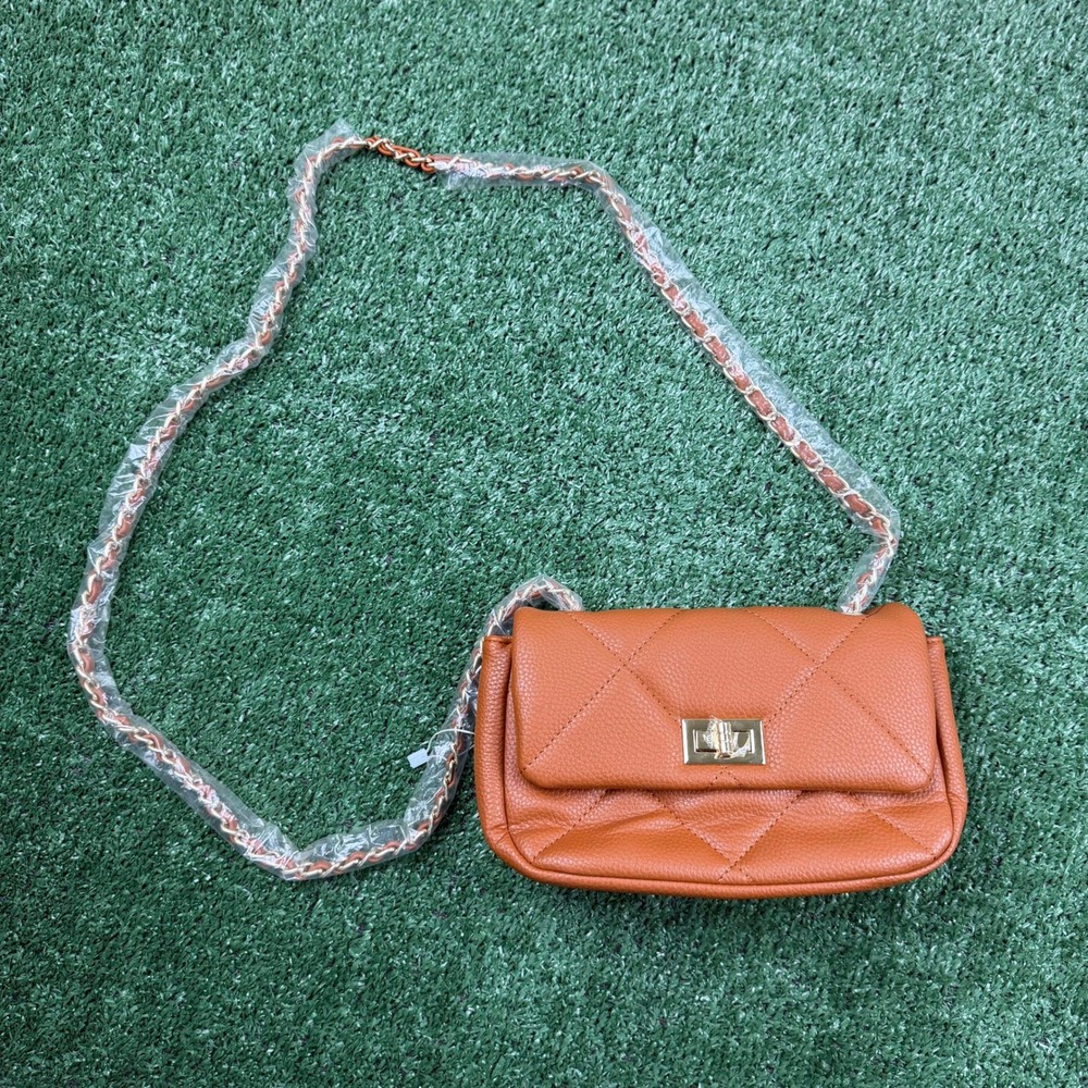 NWT PS Quilted Cognac Brown Crossbody Bag Gold Chain Strap Turn Lock Small Purse
